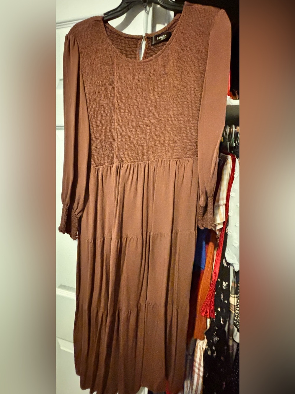 Smocked Bodice Maxi Dress with Tiered Skirt in Brown